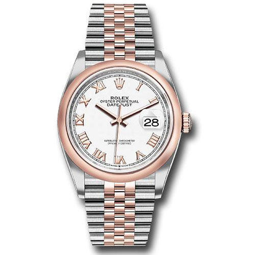 Rolex Steel and Everose Rolesor Datejust 36 Watch - Domed Bezel - White Roman Dial - Jubilee Bracelet - 126201 wrj