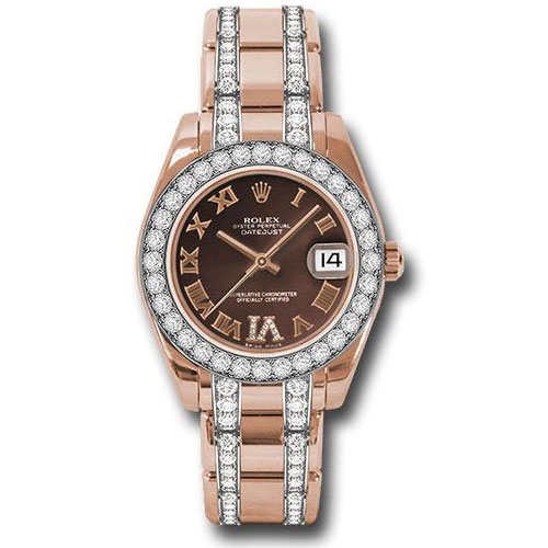 Rolex Everose Gold Datejust Pearlmaster 34 Watch - 32 Diamond Bezel - Chocolate Roman Dial - 81285 chodrdp