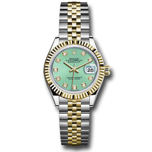 Rolex Steel and Yellow Gold Rolesor Lady-Datejust 28 Watch - Fluted Bezel - Mint Green Diamond Dial - Jubilee Bracelet - 279173 mgdj