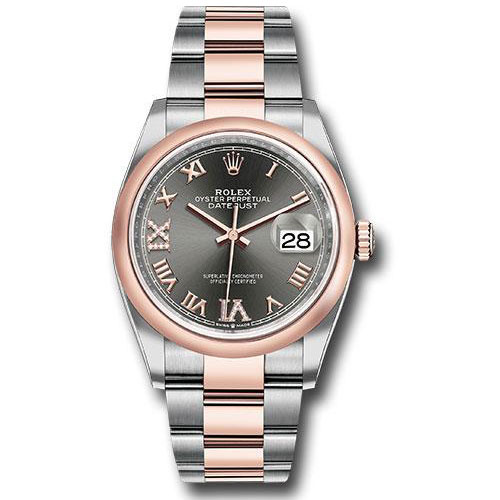 Rolex Steel and Everose Rolesor Datejust 36 Watch - Domed Bezel - Dark Rhodium Roman Dial - Oyster Bracelet - 126201 dkrdr69o