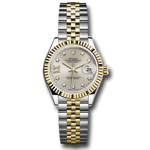 Rolex Steel and Yellow Gold Rolesor Lady-Datejust 28 Watch - Fluted Bezel - Silver Diamond Star Dial - Jubilee Bracelet - 279173 s9dix8dj