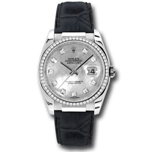 Rolex White Gold Datejust 36 Watch - 60 Diamond Bezel - Mother-Of-Pearl Diamond Dial - Leather - 116189 md