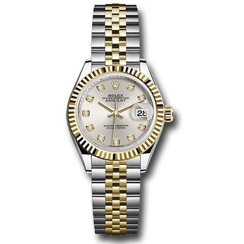 Rolex Steel and Yellow Gold Rolesor Lady-Datejust 28 Watch - Fluted Bezel - Silver Diamond Dial - Jubilee Bracelet - 279173 sdj
