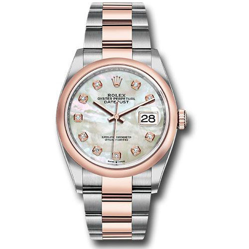 Rolex Steel and Everose Rolesor Datejust 36 Watch - Domed Bezel - White Mother-Of-Pearl Diamond Dial - Oyster Bracelet - 126201 mdo