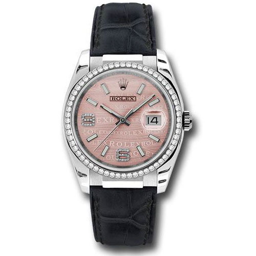 Rolex White Gold Datejust 36 Watch - 60 Diamond Bezel - Pink Wave Diamond 6 And 9 Arabic Dial - Leather - 116189 pwdal