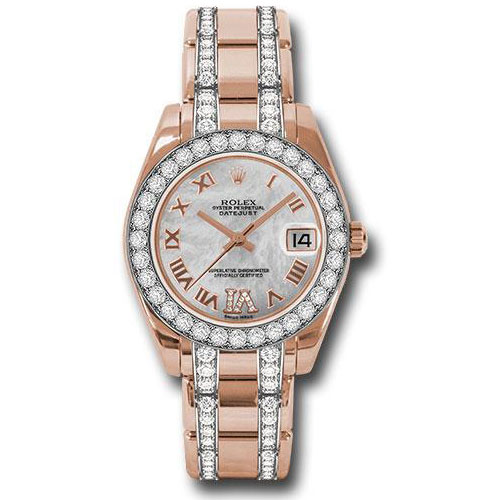Rolex Everose Gold Datejust Pearlmaster 34 Watch - 32 Diamond Bezel - White Mother-Of-Pearl Roman Dial - 81285 mdrdp