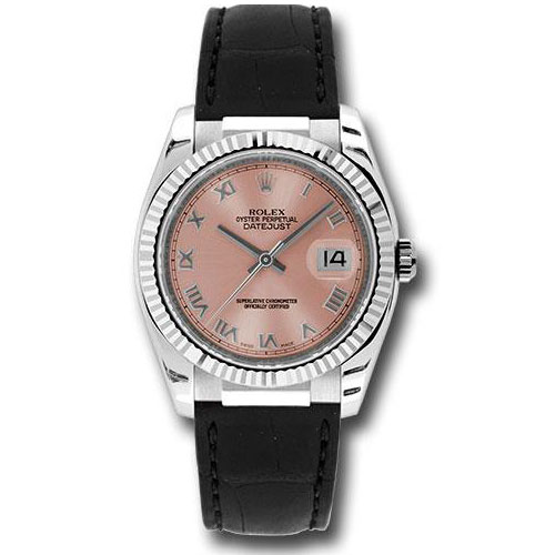 Rolex White Gold Datejust 36 Watch - Fluted Bezel - Pink Roman Dial - Black Leather - 116139 prb