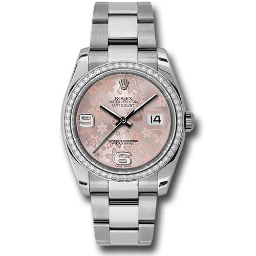 Rolex Steel and White Gold Datejust 36 Watch - 52 Diamond Bezel - Pink Floral Arabic Dial - Oyster Bracelet - 116244  pfao