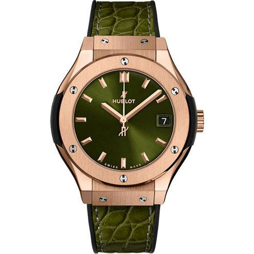Hublot Classic Fusion King Gold Green Watch - 33 mm - Green Dial - Black Rubber and Green Leather Strap-581.OX.8980.LR