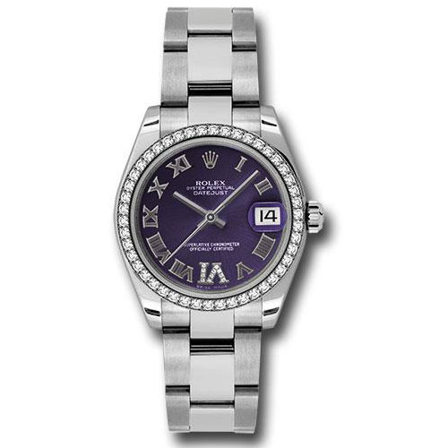 Rolex Steel and White Gold Datejust 31 Watch - 46 Diamond Bezel - Purple Diamond Roman Vi Roman Dial - Oyster Bracelet - 178384 pdro