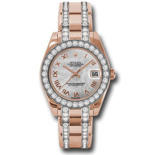 Rolex Everose Gold Datejust Pearlmaster 34 Watch - 32 Diamond Bezel - Mother-Of-Pearl Roman Dial - 81285 mrdp