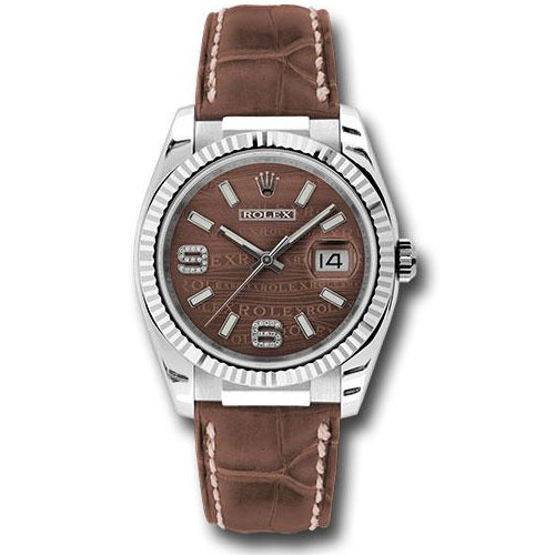 Rolex White Gold Datejust 36 Watch - Fluted Bezel - Brown Wave Diamond 6 And 9 Arabic Dial - Brown Leather - 116139 brwdab