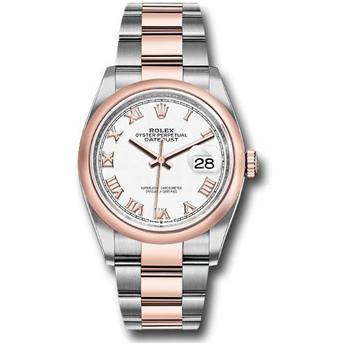 Rolex Steel and Everose Rolesor Datejust 36 Watch - Domed Bezel - White Roman Dial - Oyster Bracelet - 126201 wro
