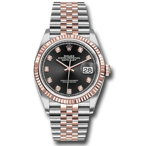 Rolex Steel and Everose Rolesor Datejust 36 Watch - Fluted Bezel - Black Diamond Dial - Jubilee Bracelet - 126231 bkdj
