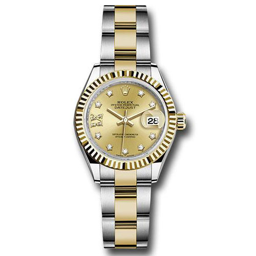 Rolex Steel and Yellow Gold Rolesor Lady-Datejust 28 Watch - Fluted Bezel - Champagne Diamond Star Dial - Oyster Bracelet - 279173 ch9dix8do