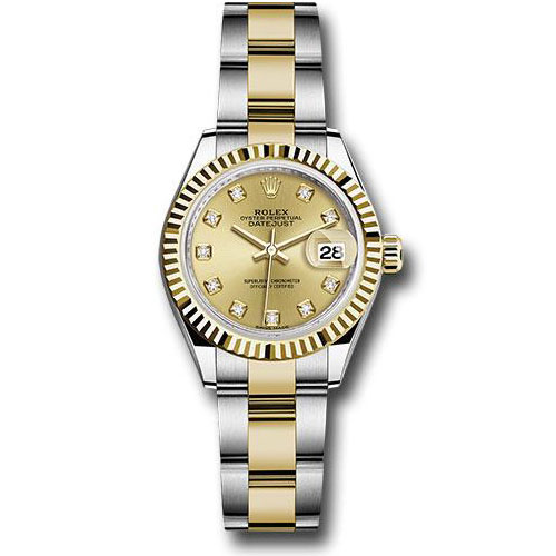 Rolex Steel and Yellow Gold Rolesor Lady-Datejust 28 Watch - Fluted Bezel - Champagne Diamond Dial - Oyster Bracelet - 279173 chdo
