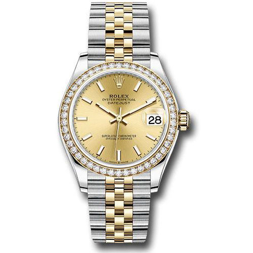 Rolex Steel and Yellow Gold Datejust 31 Watch - Diamond Bezel - Champagne Index Dial - Jubilee Bracelet - 278383RBR chij