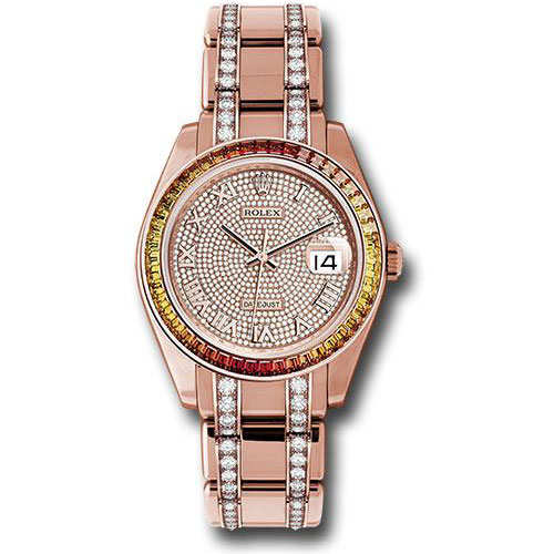 Rolex Everose Gold Datejust Pearlmaster 39 Watch - 48 Orange To Yellow Gradient Baguette-Cut Sapphires Bezel - 18K Everose Gold Diamond Paved Dial - 86345SAJOR dpdb
