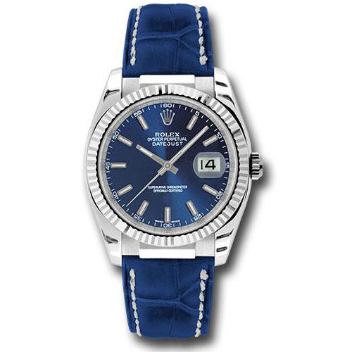Rolex White Gold Datejust 36 Watch - Fluted Bezel - Blue Index Dial - Blue Leather - 116139 bsl