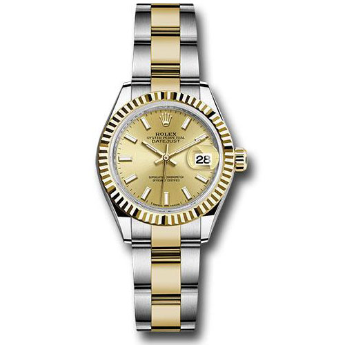 Rolex Steel and Yellow Gold Rolesor Lady-Datejust 28 Watch - Fluted Bezel - Champagne Index Dial - Oyster Bracelet - 279173 chio