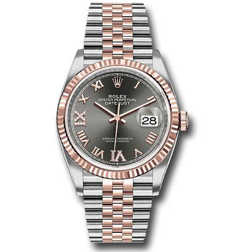 Rolex Steel and Everose Rolesor Datejust 36 Watch - Fluted Bezel - Dark Rhodium Roman Dial - Jubilee Bracelet - 126231 dkrdr69j