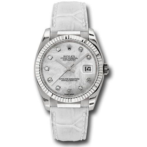 Rolex White Gold Datejust 36 Watch - Fluted Bezel - Mother-Of-Pearl Diamond Dial - Leather - 116139 mdw