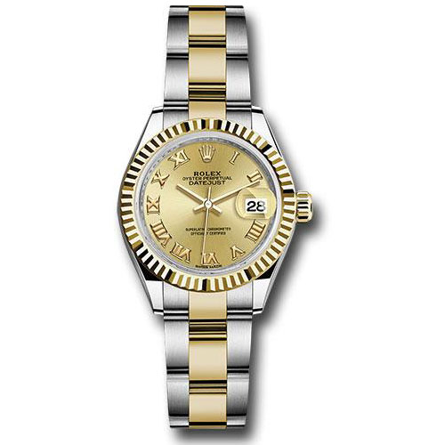 Rolex Steel and Yellow Gold Rolesor Lady-Datejust 28 Watch - Fluted Bezel - Champagne Roman Dial - Oyster Bracelet - 279173 chro