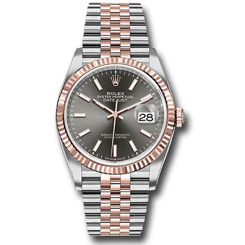Rolex Steel and Everose Rolesor Datejust 36 Watch - Fluted Bezel - Dark Rhodium Index Dial - Jubilee Bracelet - 126231 dkrij