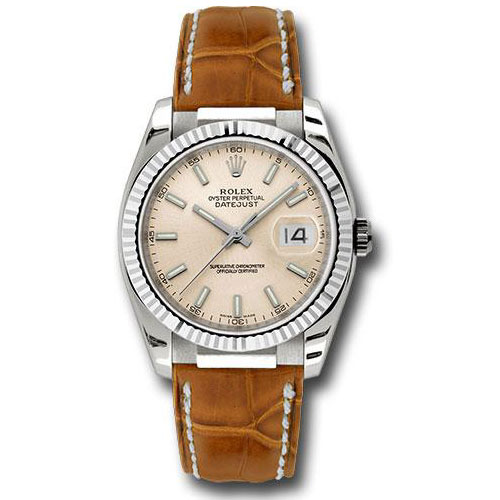 Rolex White Gold Datejust 36 Watch - Fluted Bezel - Pink Index Dial - Brown Leather - 116139 psb