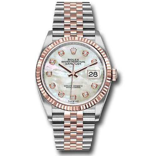 Rolex Steel and Everose Rolesor Datejust 36 Watch - Fluted Bezel - White Mother-Of-Pearl Diamond Dial - Jubilee Bracelet - 126231 mdj