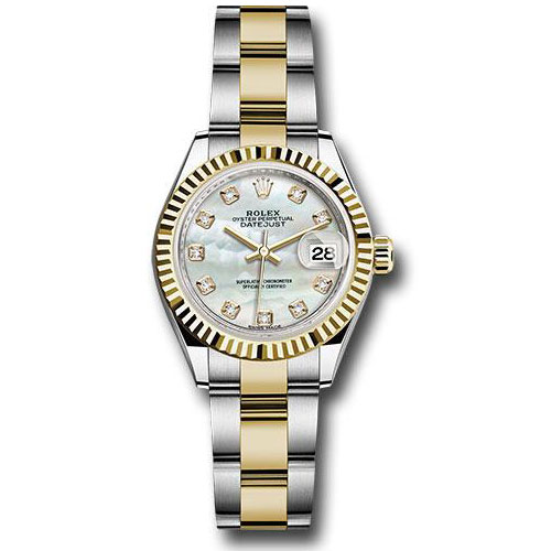 Rolex Steel and Yellow Gold Rolesor Lady-Datejust 28 Watch - Fluted Bezel - White Mother-Of-Pearl Diamond Dial - Oyster Bracelet - 279173 mdo