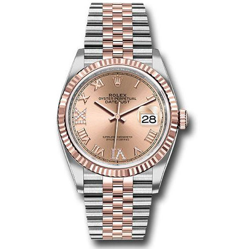 Rolex Steel and Everose Rolesor Datejust 36 Watch - Fluted Bezel - Rose Roman Dial - Jubilee Bracelet - 126231 rdr69j