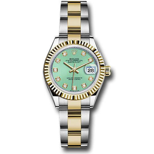 Rolex Steel and Yellow Gold Rolesor Lady-Datejust 28 Watch - Fluted Bezel - Mint Green Diamond Dial - Oyster Bracelet - 279173 mgdo