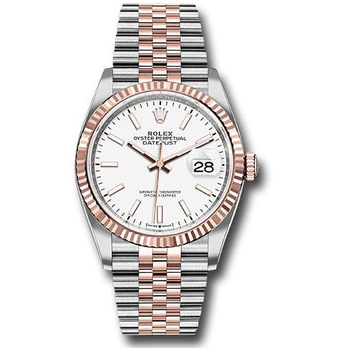 Rolex Steel and Everose Rolesor Datejust 36 Watch - Fluted Bezel - White Index Dial - Jubilee Bracelet - 126231 wij