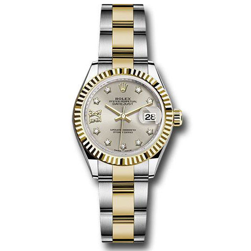 Rolex Steel and Yellow Gold Rolesor Lady-Datejust 28 Watch - Fluted Bezel - Silver Diamond Star Dial - Oyster Bracelet - 279173 s9dix8do