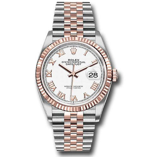 Rolex Steel and Everose Rolesor Datejust 36 Watch - Fluted Bezel - White Roman Dial - Jubilee Bracelet - 126231 wrj