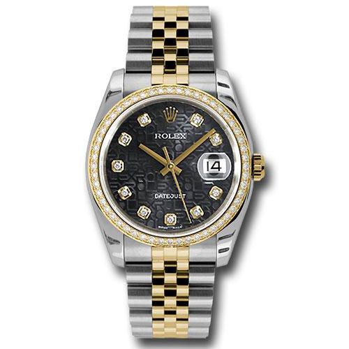 Rolex Steel and Yellow Gold Rolesor Datejust 36 Watch - 52 Brilliant-Cut Diamond Bezel - Black Jubilee Diamond Dial - Jubilee Bracelet - 116243 bkjdj