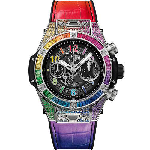 Hublot Big Bang Unico Titanium Rainbow Watch - 42 mm - Black Skeleton Dial - Black Rubber and Multicolored Leather Strap-441.NX.1117.LR.0999
