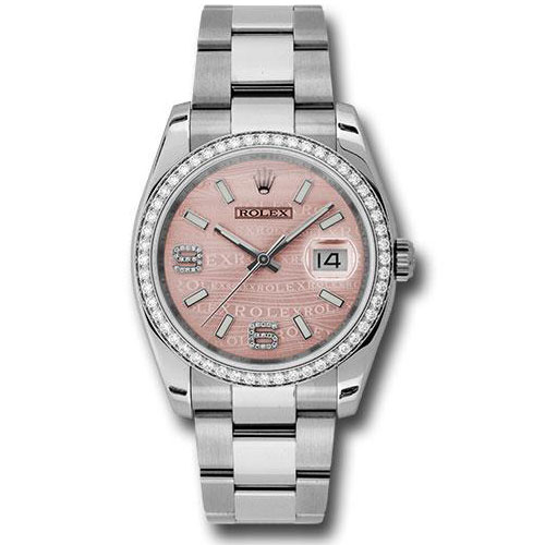 Rolex Steel and White Gold Datejust 36 Watch - 52 Diamond Bezel - Pink Wave Diamond 6 And 9 Arabic Dial - Oyster Bracelet - 116244  pwdao