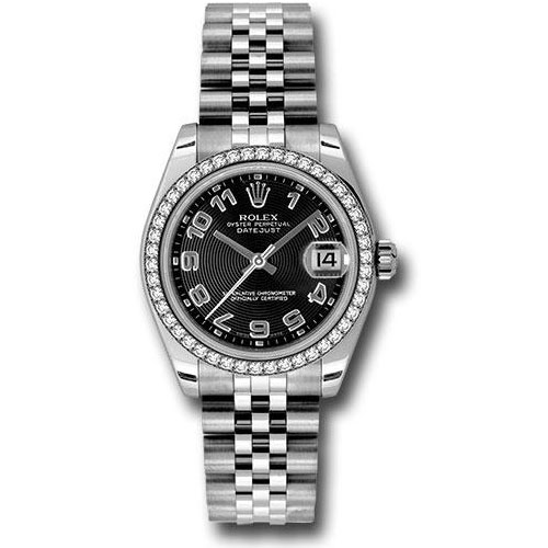 Rolex Steel and White Gold Datejust 31 Watch - 46 Diamond Bezel - Black Concentric Circle Arabic Dial - Jubilee Bracelet - 178384 bkcaj