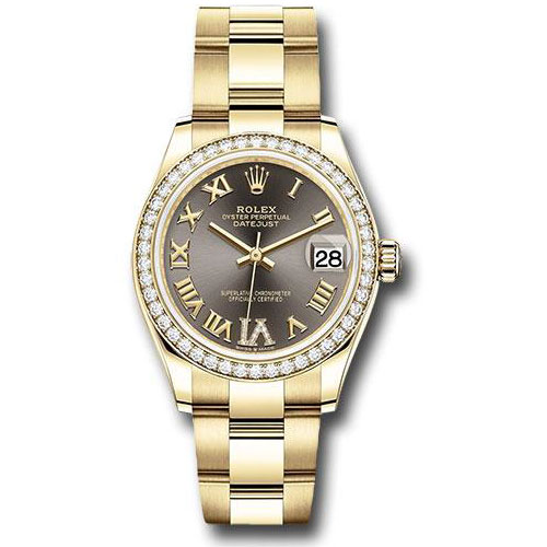 Rolex Yellow Gold Datejust 31 Watch - Diamond Bezel - Dark Grey Diamond Six Dial - Oyster Bracelet - 278288RBR dkgdr6o