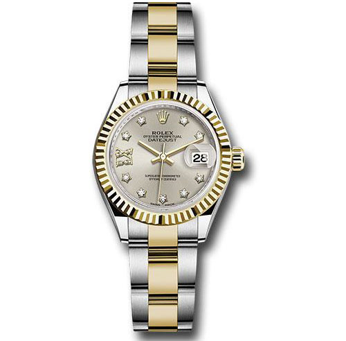 Rolex Steel and Yellow Gold Rolesor Lady-Datejust 28 Watch - Fluted Bezel - Silver Diamond Dial - Oyster Bracelet - 279173 sdo