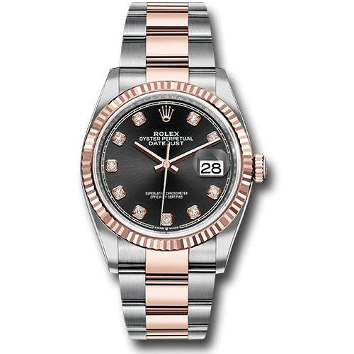 Rolex Steel and Everose Rolesor Datejust 36 Watch - Fluted Bezel - Black Diamond Dial - Oyster Bracelet - 126231 bkdo