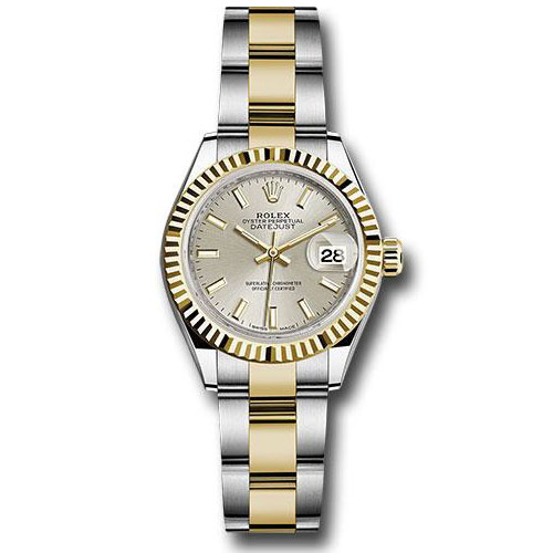 Rolex Steel and Yellow Gold Rolesor Lady-Datejust 28 Watch - Fluted Bezel - Silver Index Dial - Oyster Bracelet - 279173 sio
