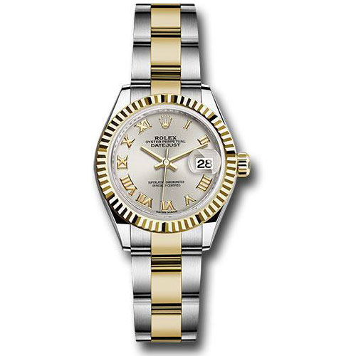 Rolex Steel and Yellow Gold Rolesor Lady-Datejust 28 Watch - Fluted Bezel - Silver Roman Dial - Oyster Bracelet - 279173 sro