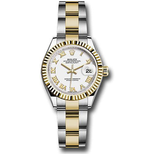 Rolex Steel and Yellow Gold Rolesor Lady-Datejust 28 Watch - Fluted Bezel - White Roman Dial - Oyster Bracelet - 279173 wro