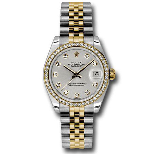 Rolex Steel and Yellow Gold Datejust 31 Watch - 46 Diamond Bezel - Silver Diamond Dial - Jubilee Bracelet - 178383 sdj