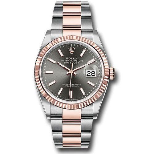 Rolex Steel and Everose Rolesor Datejust 36 Watch - Fluted Bezel - Dark Rhodium Index Dial - Oyster Bracelet - 126231 dkrio
