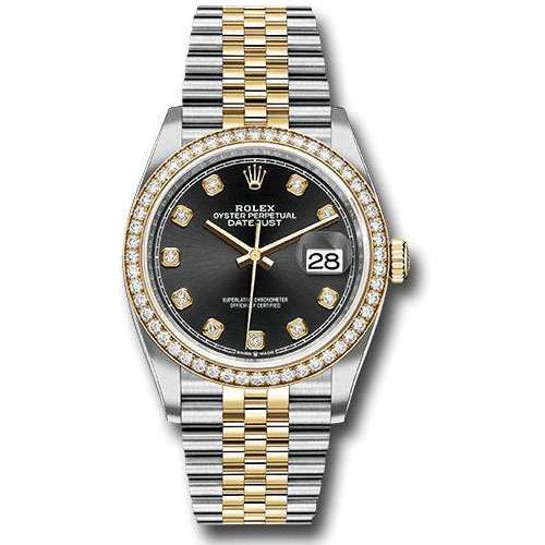 Rolex Steel and Yellow Gold Rolesor Datejust 36 Watch - Yellow Diamond Bezel - Black Diamond Dial - Jubilee Bracelet - 126283RBR bkdj