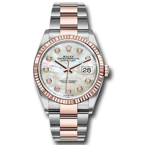 Rolex Steel and Everose Rolesor Datejust 36 Watch - Fluted Bezel - White Mother-Of-Pearl Diamond Dial - Oyster Bracelet - 126231 mdo